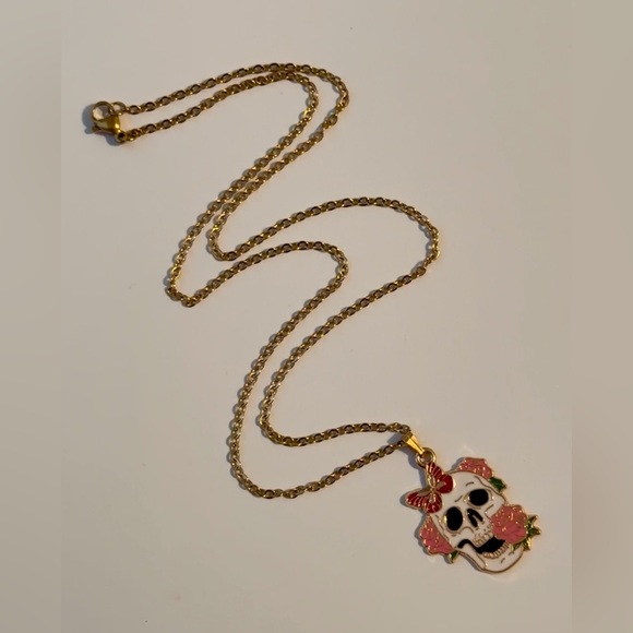 Skull Pendant Necklace Halloween Style Colorful Skull With Flowers - Picture 4 of 5